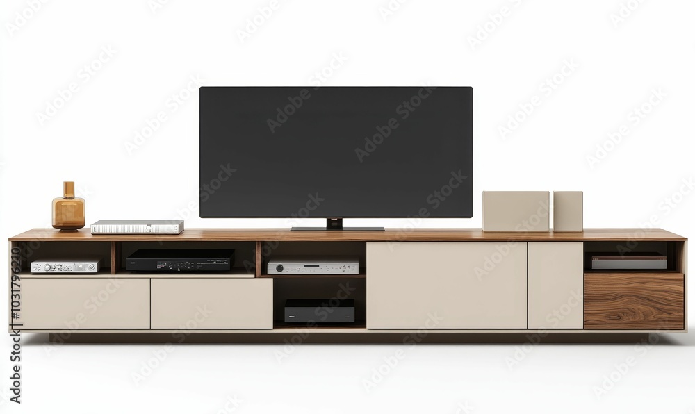 Modern TV stand with integrated speakers. Modern TV stand with integrated speakers.
