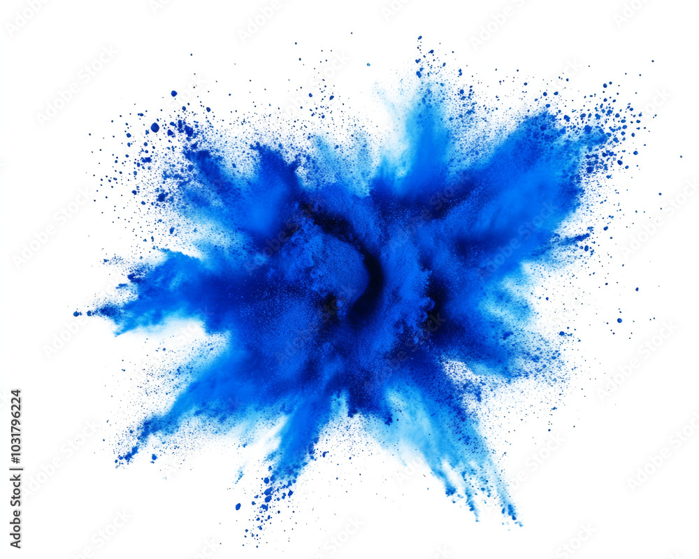 bright blue holi paint color powder festival explosion burst isolated white background. industrial print concept background bright blue holi paint color powder festival explosion burst isolated white background. industrial print concept background