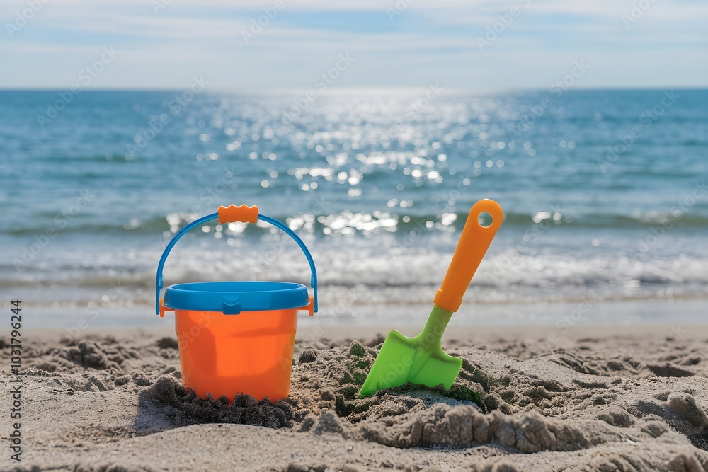 Orange bucket and green spade on sandy beach, shimmering sea in distance Orange bucket and green spade on sandy beach, shimmering sea in distance