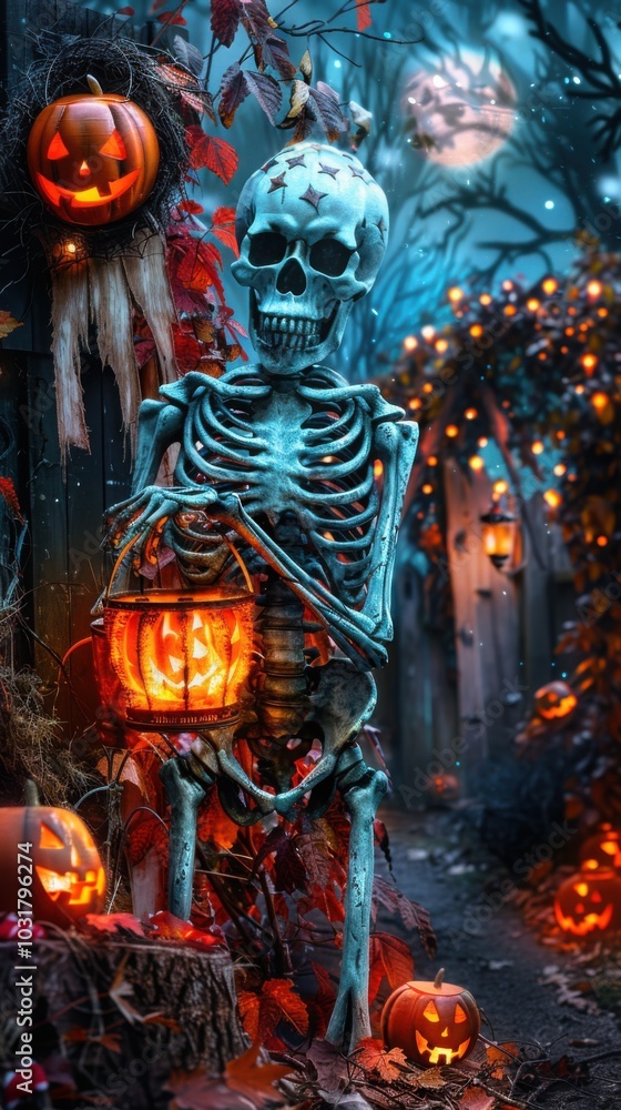 A vibrant skeleton with a lantern stands amidst a festive and spooky Halloween setting, with richly colored autumn leaves and decorations, offering a whimsical yet eerie atmosphere.
A vibrant skeleton with a lantern stands amidst a festive and spooky Halloween setting, with richly colored autumn leaves and decorations, offering a whimsical yet eerie atmosphere.