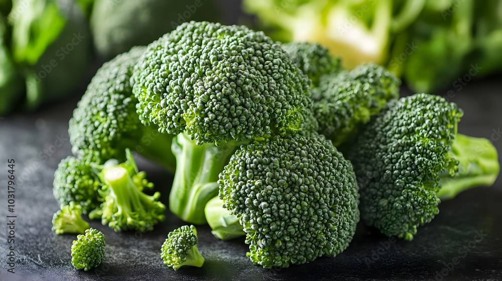 Fresh Broccoli Florets on Dark Background. Fresh Broccoli Florets on Dark Background.