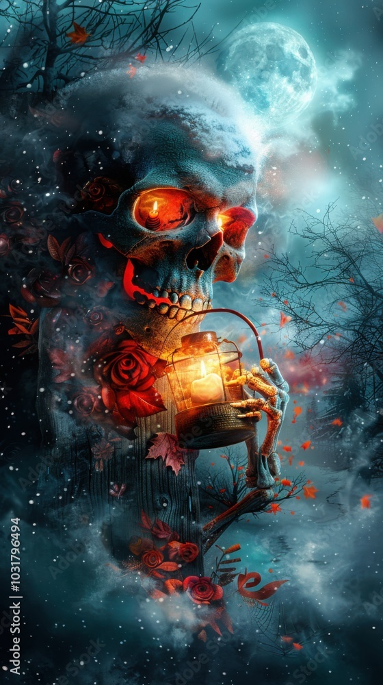 A fiery-eyed skeleton cradles a glowing lantern amidst swirling blue mist, offering a macabre and dramatic Halloween scene filled with supernatural eeriness.
A fiery-eyed skeleton cradles a glowing lantern amidst swirling blue mist, offering a macabre and dramatic Halloween scene filled with supernatural eeriness.