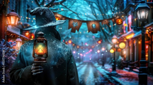 In a wintry, enchanted village, a mysterious figure with a lantern wanders a snowy street adorned with festive lights and holiday decorations, blending the eerie with the festive.