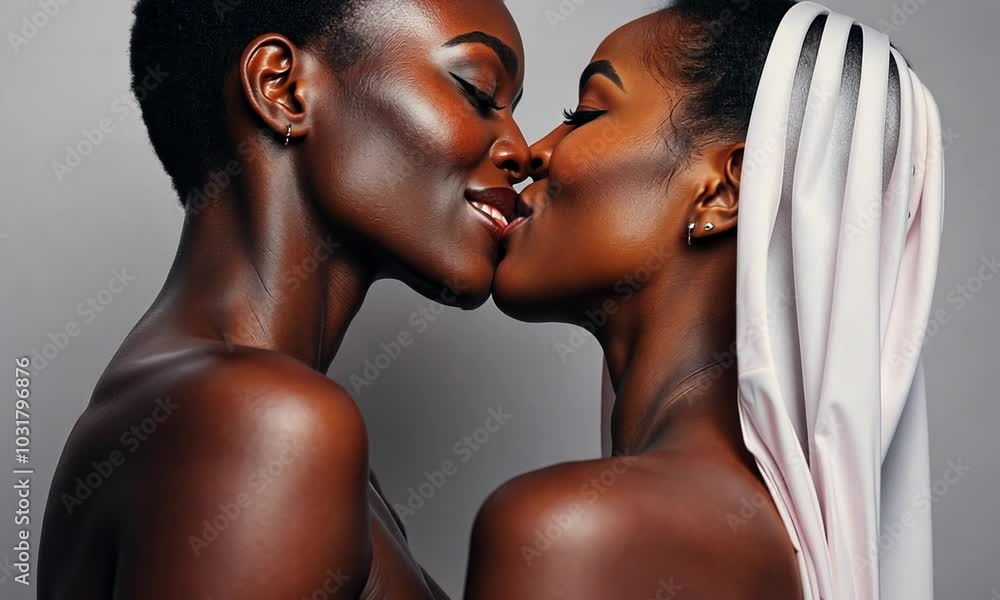 Two women sharing an intimate kiss in a close-up portrait with soft lighting against a neutral background Two women sharing an intimate kiss in a close-up portrait with soft lighting against a neutral background