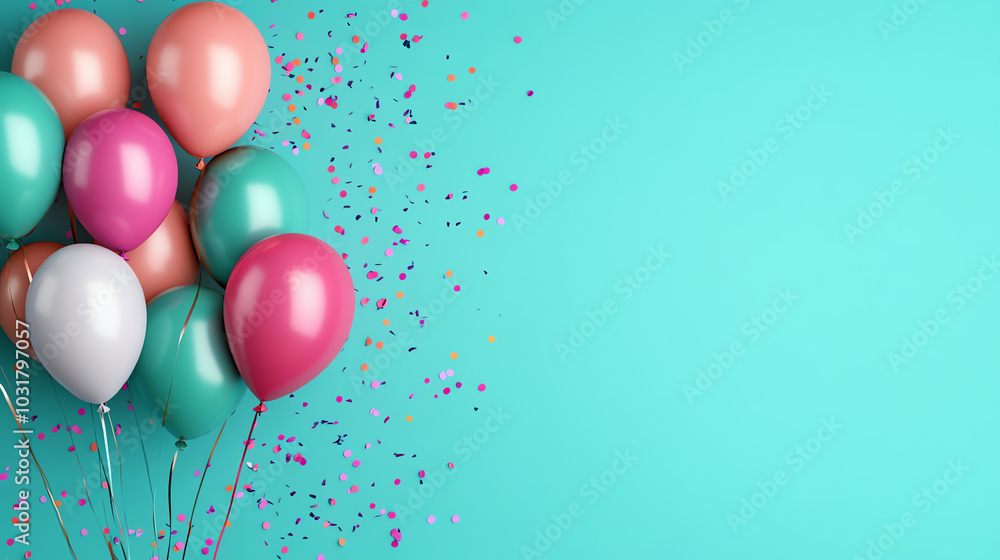 A vibrant collection of balloons in various colors, including pink, turquoise, and metallic shades, floating against a bright turquoise background with scattered confetti. A vibrant collection of balloons in various colors, including pink, turquoise, and metallic shades, floating against a bright turquoise background with scattered confetti.