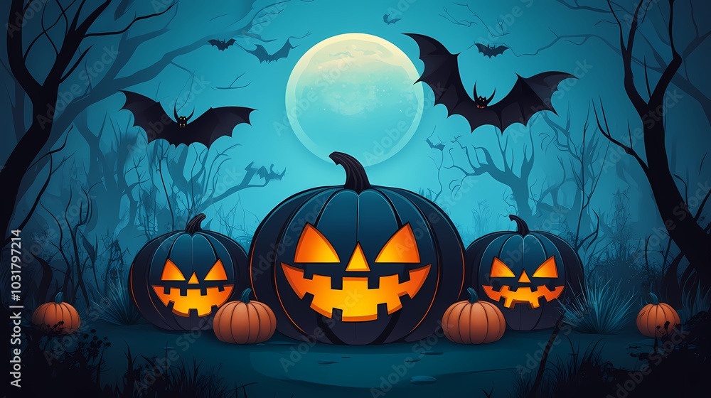 Fototapeta premium Spooky Halloween scene with glowing pumpkins and bats under a full moon.