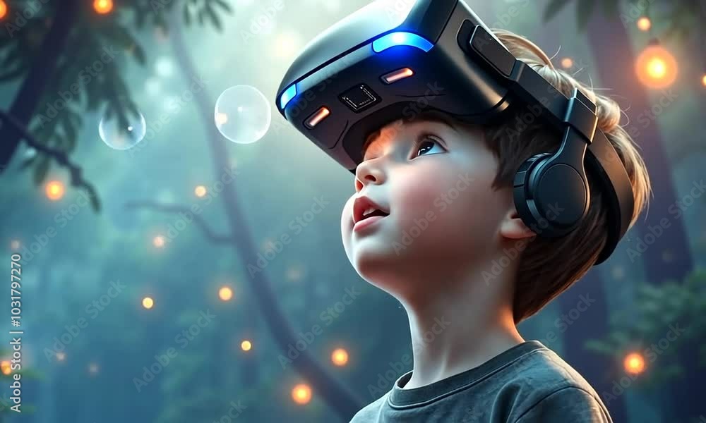 A child explores a magical forest with virtual reality technology during a summer afternoon A child explores a magical forest with virtual reality technology during a summer afternoon
