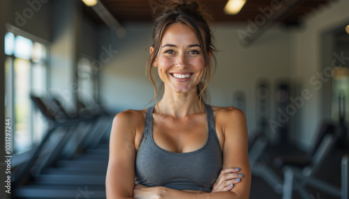 A young Caucasian woman with long brown hair smiles confidently, standing with her arms crossed in a gray sports bra inside a gym setting. The image captures her energy and dedication to fitness. Free Download A young Caucasian woman with long brown hair smiles confidently, standing with her arms crossed in a gray sports bra inside a gym setting. The image captures her energy and dedication to fitness. - GFXLoad