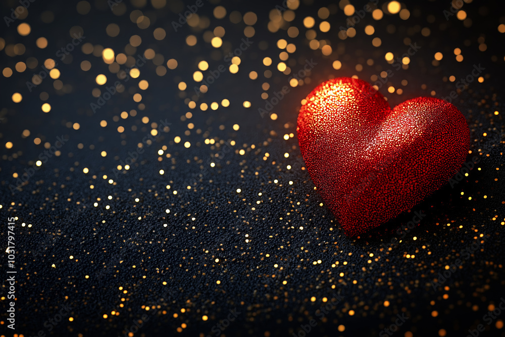 Red heart with golden glitter on dark background, space for text. Valentine's day, love, passion, relationship concept Red heart with golden glitter on dark background, space for text. Valentine's day, love, passion, relationship concept