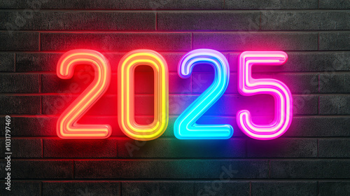 Colorful neon sign displaying the year 2025, illuminated with vibrant hues against a textured brick background, symbolizing celebration and future aspirations.