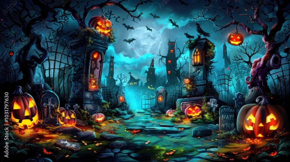 Obraz premium In a mystical forest, jack-o'-lanterns hang from ancient trees, illuminating a path leading to a ghostly castle under a starry night sky, crafting a haunting Halloween tale.
