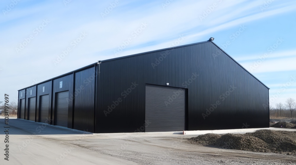 Modern Industrial Black Steel Building: A sleek, modern black steel building with three large garage doors. The building is set against a backdrop of a clear blue sky. Modern Industrial Black Steel Building: A sleek, modern black steel building with three large garage doors. The building is set against a backdrop of a clear blue sky.