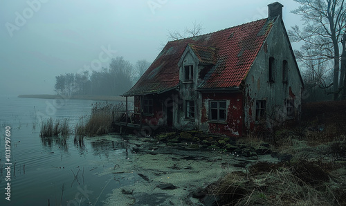 Haunted Spooky House by Misty Lakeside with Overgrown Weeds and Decaying Exterior on a Foggy Day, Eerie Abandoned Building for Halloween and Horror Themes photo