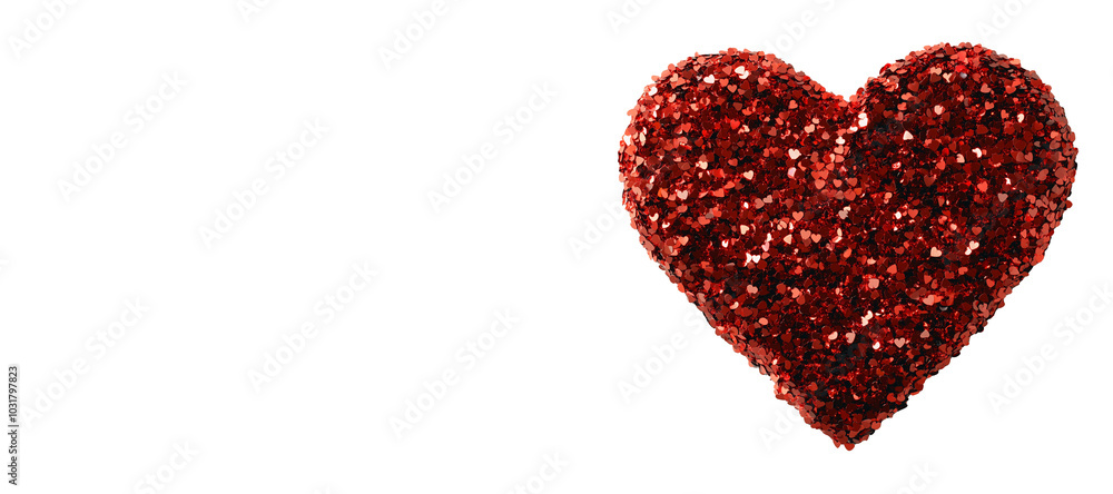 Red glitter heart on white background with copy space. Valentine's Day banner. Love, passion concept Red glitter heart on white background with copy space. Valentine's Day banner. Love, passion concept
