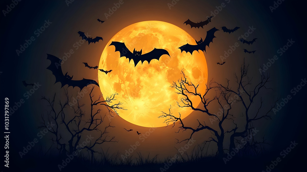 Halloween Full Moon With Bats. Halloween Full Moon With Bats.