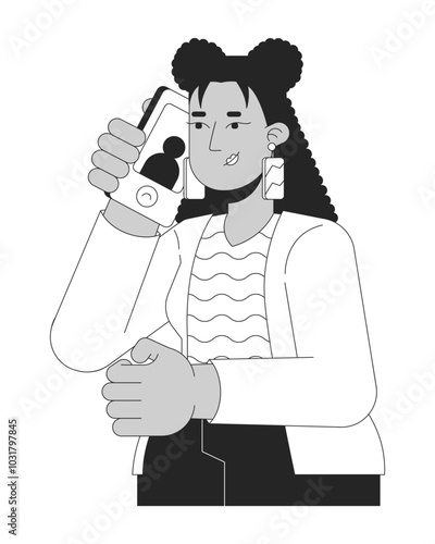 Hispanic curly hair woman mobile phone call black and white 2D line character. User gadget cellphone. Latina female holding smartphone isolated vector outline person. Monochromatic spot illustration