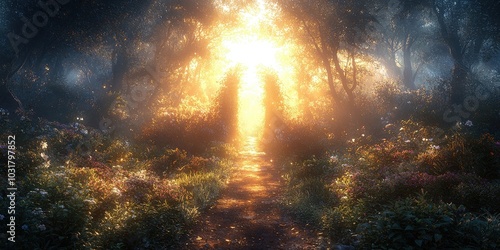 Sunlit Pathway Through Enchanted Forest Magical Nature Scene