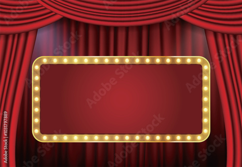 Old classic Retro theater billboard sign on theater stage red curtain backdrop with spotlight background template.