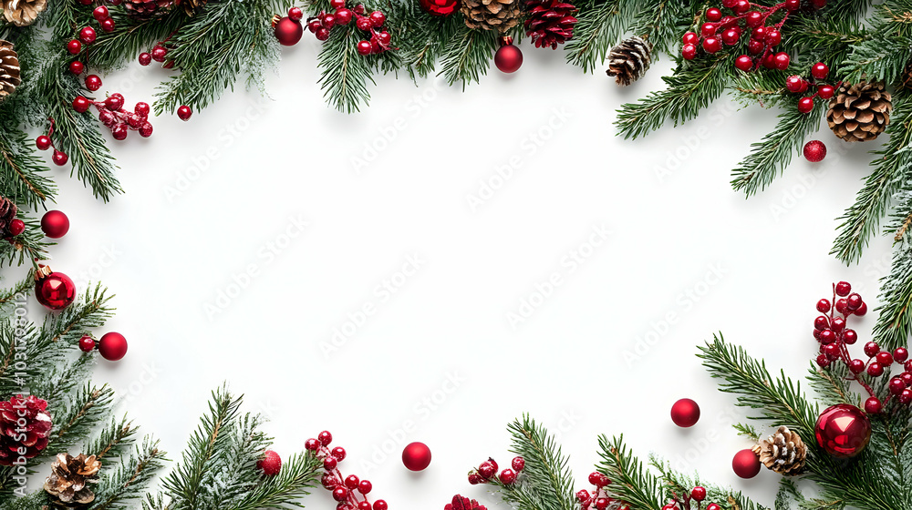 Christmas Frame With Pine Branches, Red Berries, and Ornaments. Christmas Frame With Pine Branches, Red Berries, and Ornaments.