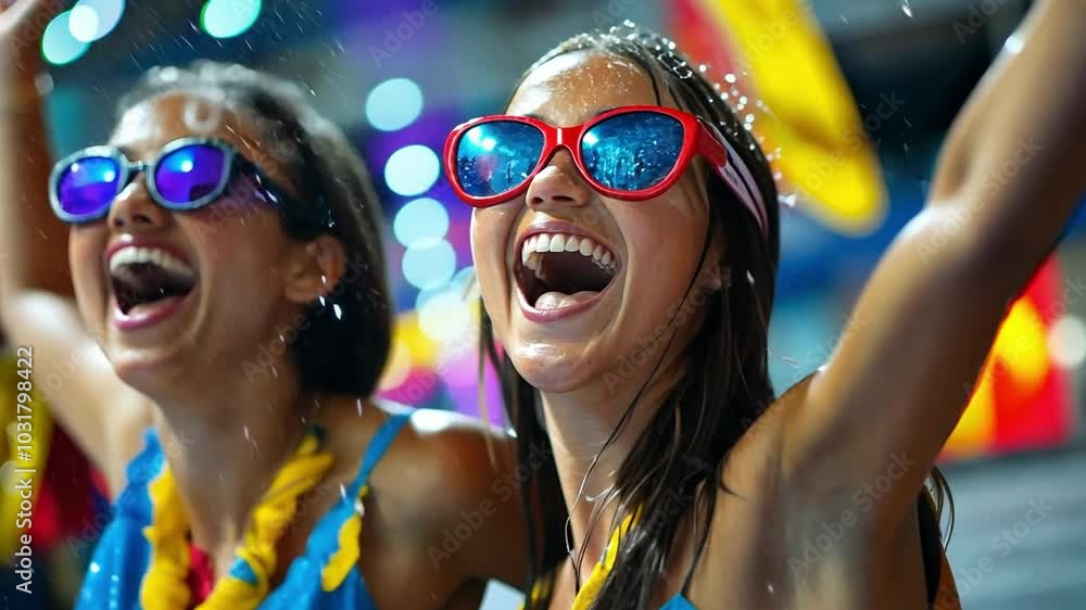 This Fans joyfully cheering at a summer festival, wearing colorful sunglasses and celebrating together. Fans in the stands This Fans joyfully cheering at a summer festival, wearing colorful sunglasses and celebrating together. Fans in the stands