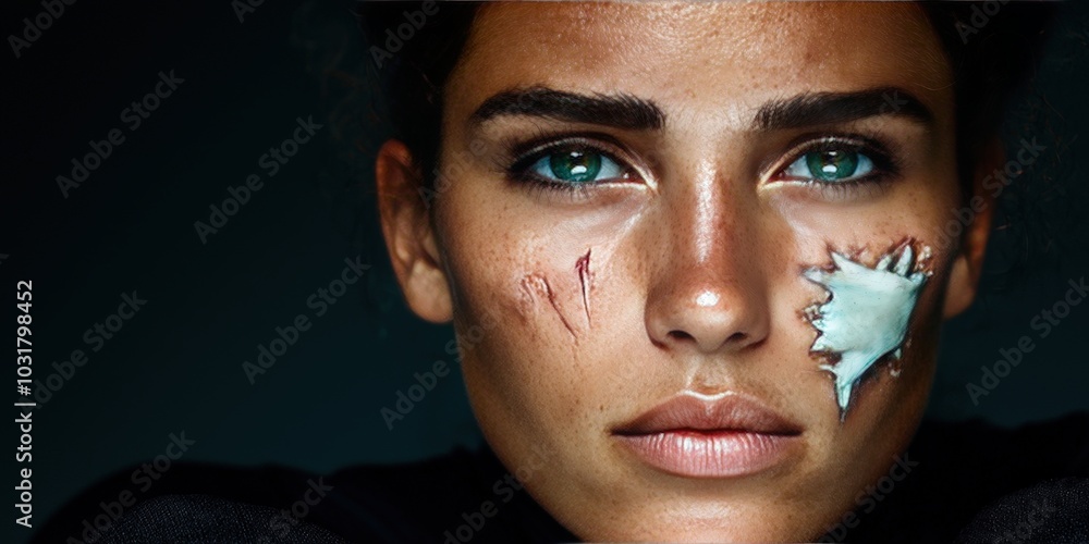 Close up Portrait of Woman with Facial Injuries Scars Bruises and Wound Makeup Close up Portrait of Woman with Facial Injuries Scars Bruises and Wound Makeup