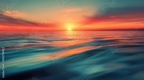 Vibrant sunset over calm ocean, golden hour reflection on water photo