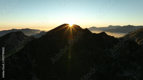Aerial view of a beautiful sunrise in the Pyrenees mountains in a summer day