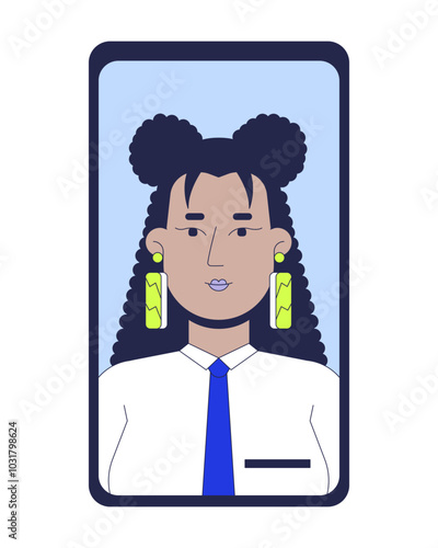 Hispanic curly hair consultant businesswoman on mobile phone screen 2D cartoon object. Latina personal assistant cellphone isolated element flat vector clipart on white background. Spot illustration