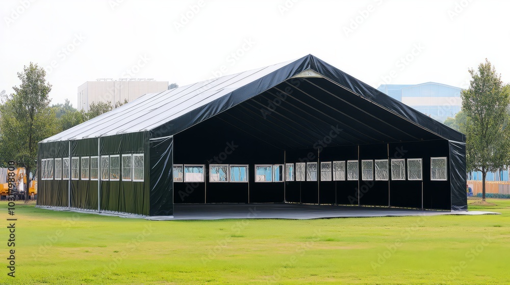Large Black Temporary Structure: A spacious, black temporary structure stands on a grassy field, offering versatile shelter solutions for various events or temporary needs. Large Black Temporary Structure: A spacious, black temporary structure stands on a grassy field, offering versatile shelter solutions for various events or temporary needs.