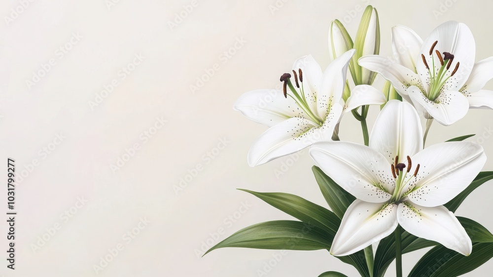 Elegant white lilies in soft focus against a serene background, perfect for nature and floral themes in design projects. Elegant white lilies in soft focus against a serene background, perfect for nature and floral themes in design projects.
