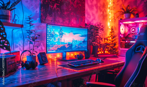 High-End Gamer Rig with First-Person Shooter on Screen in Cozy Room Lit by Pink Neon Light, Set Up on Home Desk with Modern Design and Gaming Chair for Immersive Gaming Experience at Night