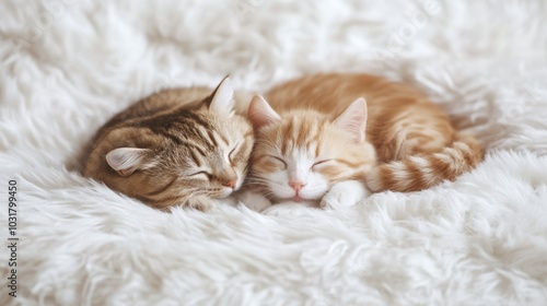 Hamster curled up next to a sleeping ginger cat on a fluffy white bed, cozy ambiance with soft lighting