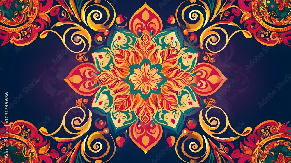 Obraz premium Vibrant Thai inspired Floral Pattern with Swirling Motifs on Dark Background
