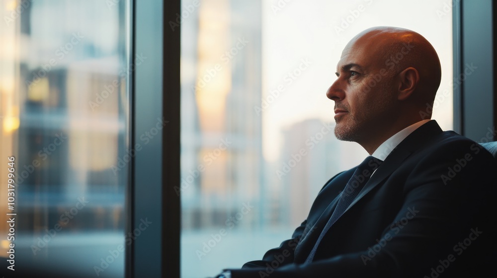 Bald man in a dark suit and tie, attentively listening during a business meeting, modern office setting with large windows Bald man in a dark suit and tie, attentively listening during a business meeting, modern office setting with large windows