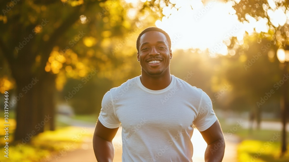 An African American man smiling while jogging on a tree-lined pathway, warm afternoon sunlight filtering through leaves stock minimalist photo