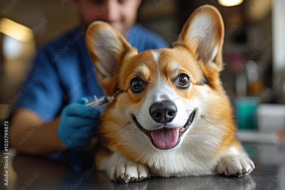 Pembroke Welsh Corgi dog receiving vaccination, sitting on table in veterinary clinic while male veterinarian in protective gloves and blue uniform vaccinating, Generative AI Pembroke Welsh Corgi dog receiving vaccination, sitting on table in veterinary clinic while male veterinarian in protective gloves and blue uniform vaccinating, Generative AI