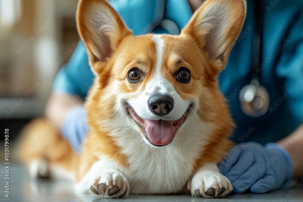 Pembroke Welsh Corgi dog receiving vaccination, sitting on table in veterinary clinic while male veterinarian in protective gloves and blue uniform vaccinating, Generative AI Pembroke Welsh Corgi dog receiving vaccination, sitting on table in veterinary clinic while male veterinarian in protective gloves and blue uniform vaccinating, Generative AI
