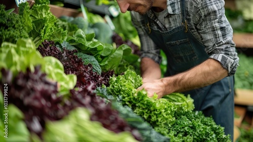 Choosing greens: man selecting green vegetables in a supermarket.