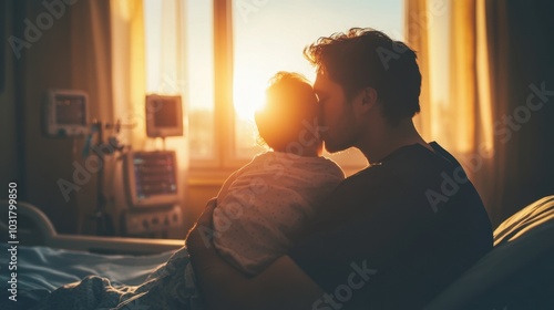 Father with tears of joy kissing the baby head, holding them in his arms, hospital room equipment in the background, light from the window illuminating the scene