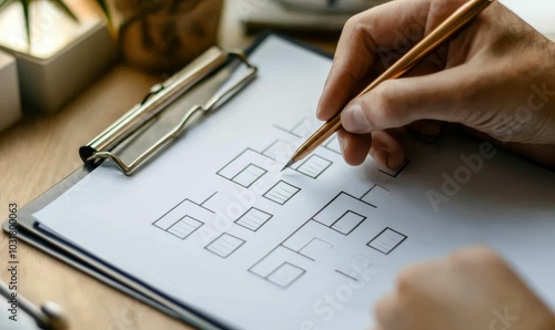 Person drawing organizational chart with pen.