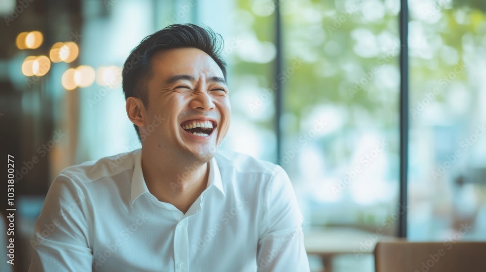 Cheerful man in a business setting laughing with colleagues during a casual office meeting, blurred modern furniture and large windows in the background Cheerful man in a business setting laughing with colleagues during a casual office meeting, blurred modern furniture and large windows in the background