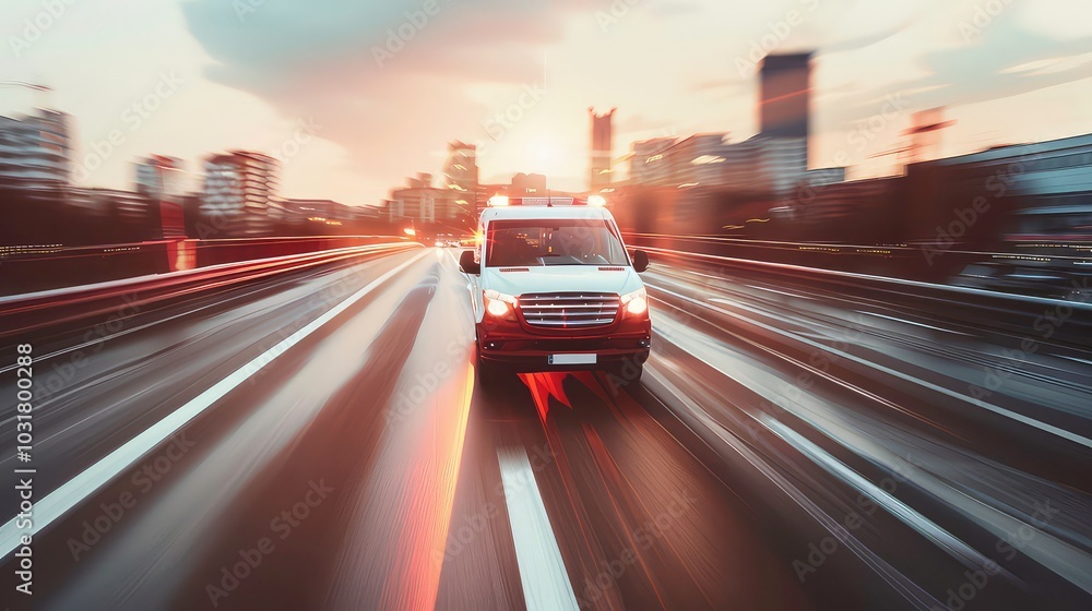 A white van speeds down a highway through a cityscape at sunset. A white van speeds down a highway through a cityscape at sunset.