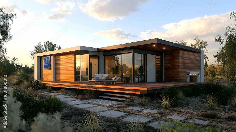 Obraz premium Modern Prefab Home with Deck and Solar Panels.
