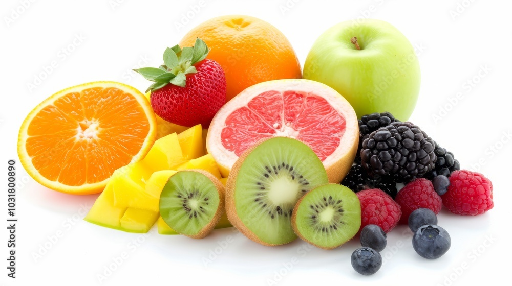 Wholesome Fruit Fusion: A Delectable Appetizer Blend on a Crisp White Background Wholesome Fruit Fusion: A Delectable Appetizer Blend on a Crisp White Background