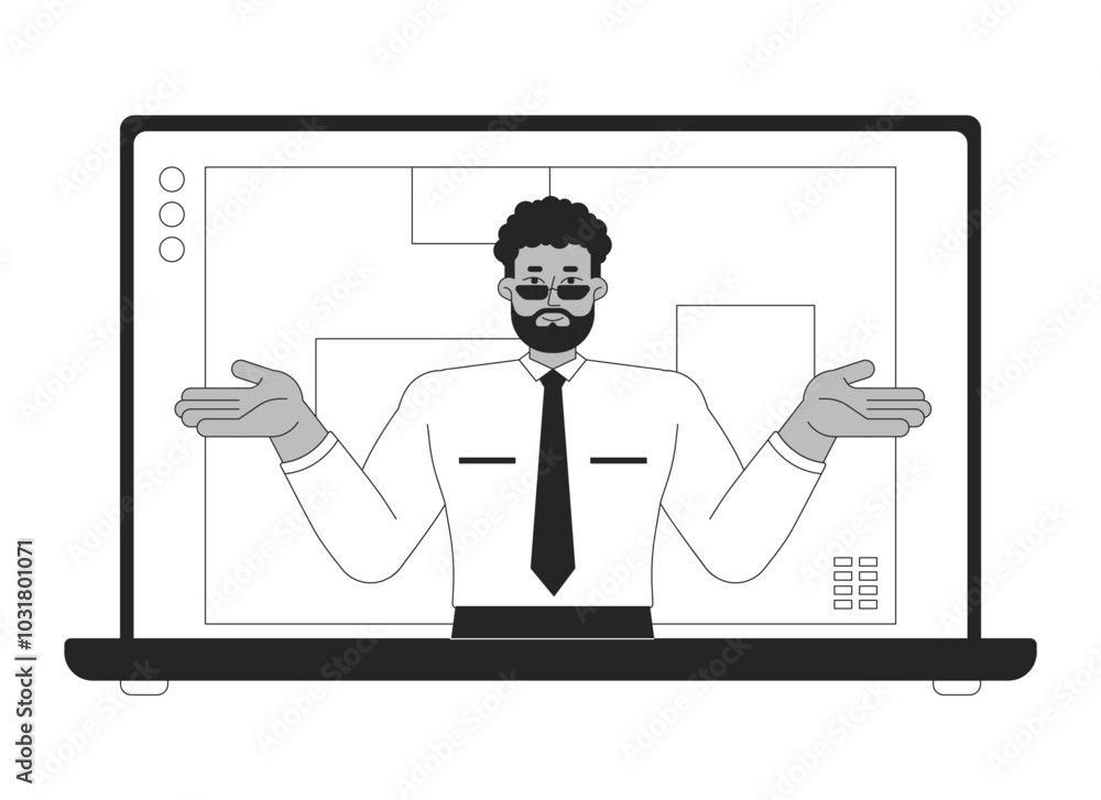 African american office manager laptop screen black and white 2D line object. Corporate boss hosting online meeting notebook isolated clip art vector outline item. Monochromatic spot illustration African american office manager laptop screen black and white 2D line object. Corporate boss hosting online meeting notebook isolated clip art vector outline item. Monochromatic spot illustration
