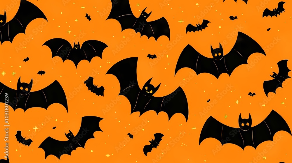 Playful black bats on a vibrant orange background perfect for Halloween. Playful black bats on a vibrant orange background perfect for Halloween.