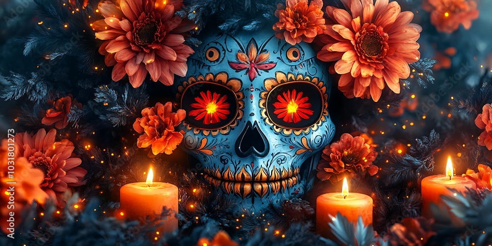 a skull with flowers and candles
a skull with flowers and candles