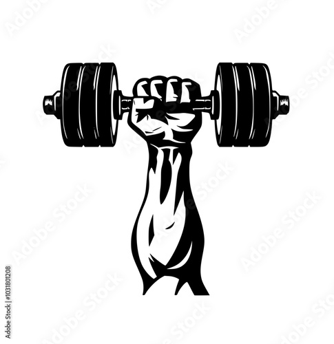 Muscular arm lifting dumbbell in silhouette, Black-and-white silhouette of a muscular arm holding a dumbbell, symbolizing strength, fitness, and weightlifting, isolated on a white background.

