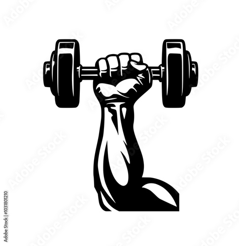 Muscular arm lifting dumbbell in silhouette, Black-and-white silhouette of a muscular arm holding a dumbbell, symbolizing strength, fitness, and weightlifting, isolated on a white background.

