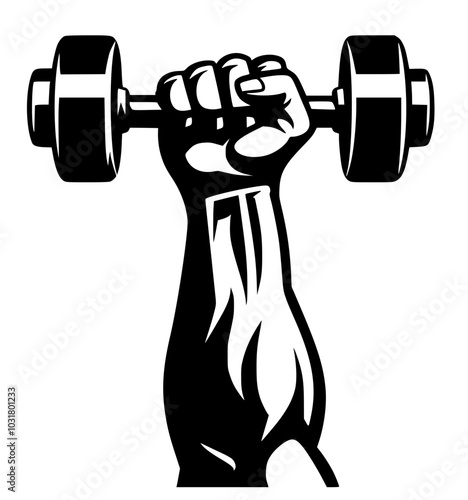 Muscular arm lifting dumbbell in silhouette, Black-and-white silhouette of a muscular arm holding a dumbbell, symbolizing strength, fitness, and weightlifting, isolated on a white background.

